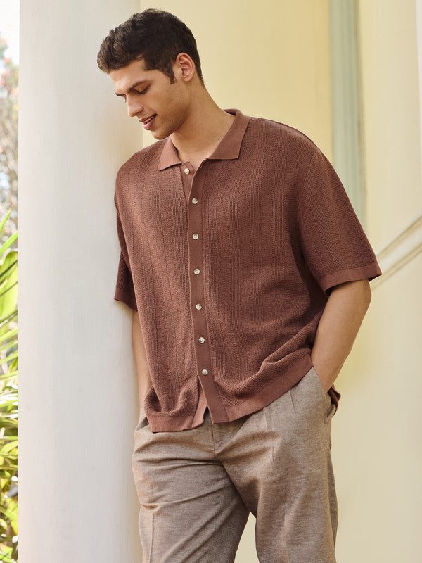 Men's Brown Casual Relaxed Fit Solid Half Sleeves Shirt