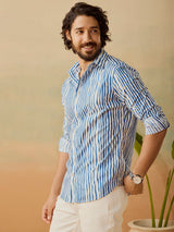 Men's Blue Casual Regular Fit Printed Full Sleeves Shirt