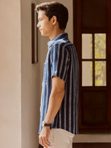 Men's Blue Casual Regular Fit Striped Half Sleeves Shirt