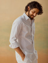 Men's White Casual Regular Fit Striped Full Sleeves Shirt