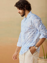 Men's Blue Casual Relaxed Fit Printed Full Sleeves Shirt