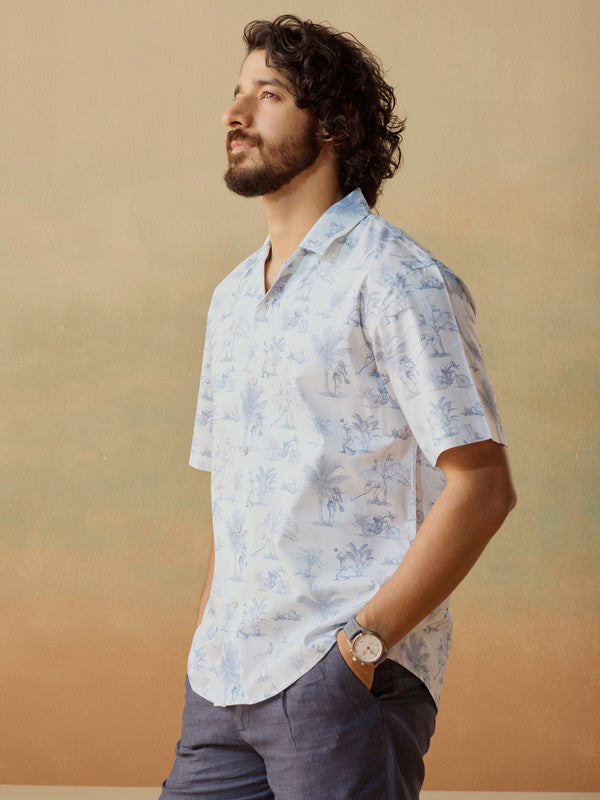 Men's White Casual Relaxed Fit Printed Half Sleeves Shirt