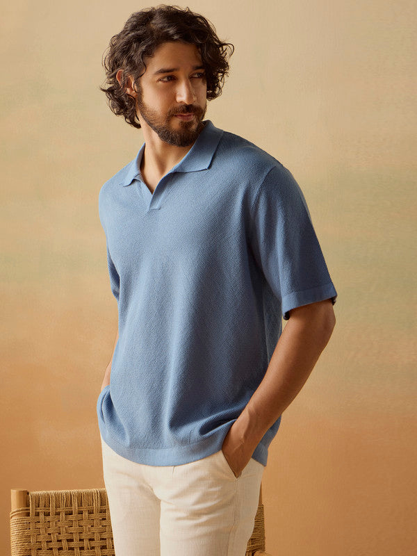 Men's Blue Casual Relaxed Fit Solid Half Sleeves Polo Tshirt