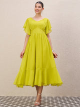 Women's Green Solid Embellished Fit & Flare Maxi Dress