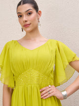 Women's Green Solid Embellished Fit & Flare Maxi Dress