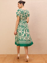 Women's Off White V Neck Floral Print Crepe Fit and Flare Knee Length Dress