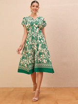 Women's Off White V Neck Floral Print Crepe Fit and Flare Knee Length Dress