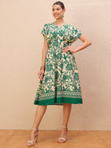 Women's Off White V Neck Floral Print Crepe Fit and Flare Knee Length Dress