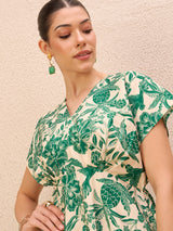 Women's Off White V Neck Floral Print Crepe Fit and Flare Knee Length Dress