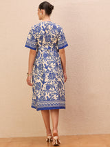 Women's Blue Ethnic Motifs Print Crepe Fit & Flare Midi Dress