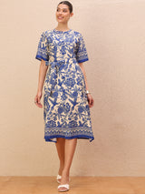 Women's Blue Ethnic Motifs Print Crepe Fit & Flare Midi Dress
