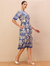 Women's Blue Ethnic Motifs Print Crepe Fit & Flare Midi Dress
