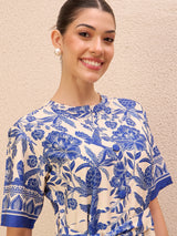 Women's Blue Ethnic Motifs Print Crepe Fit & Flare Midi Dress