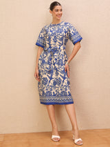 Women's Blue Ethnic Motifs Print Crepe Fit & Flare Midi Dress