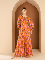 Women's Printed Embellished Round Neck Top with Palazzos