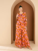 Women's Printed Embellished Round Neck Top with Palazzos