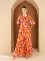 Women's Printed Embellished Round Neck Top with Palazzos