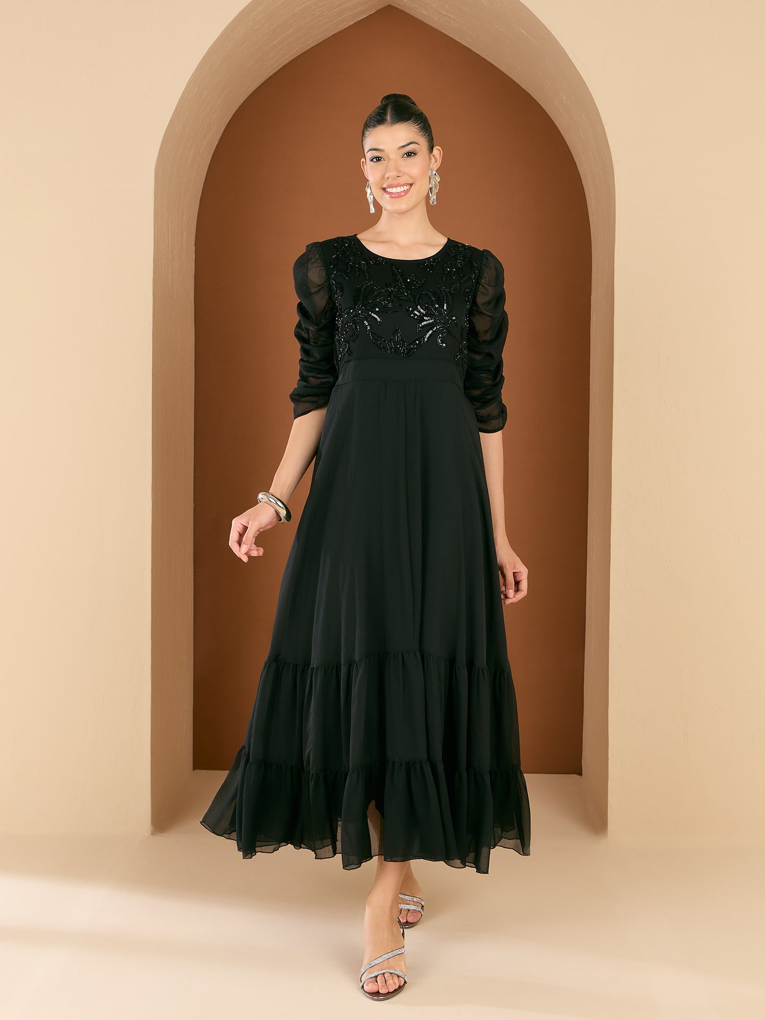 Women's Black Embellished Maxi Party Wear Dress