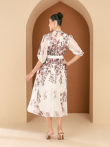 Women's White Floral Printed Mandarin Collar Lace Inserts A-Line Midi Dress