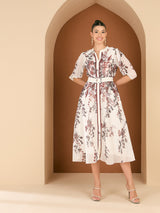 Women's White Floral Printed Mandarin Collar Lace Inserts A-Line Midi Dress