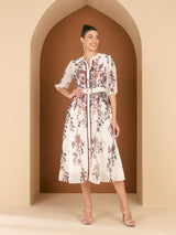 Women's White Floral Printed Mandarin Collar Lace Inserts A-Line Midi Dress