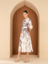 Women's White Floral Printed Mandarin Collar Lace Inserts A-Line Midi Dress