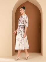 Women's White Floral Printed Mandarin Collar Lace Inserts A-Line Midi Dress