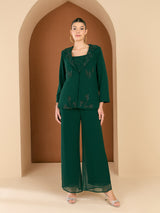 Women's Embellished Square Neck Sleeveless Top with Palazzos and Jacket