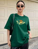 Women's Green Casual Printed Oversized Half Sleeves Tshirt