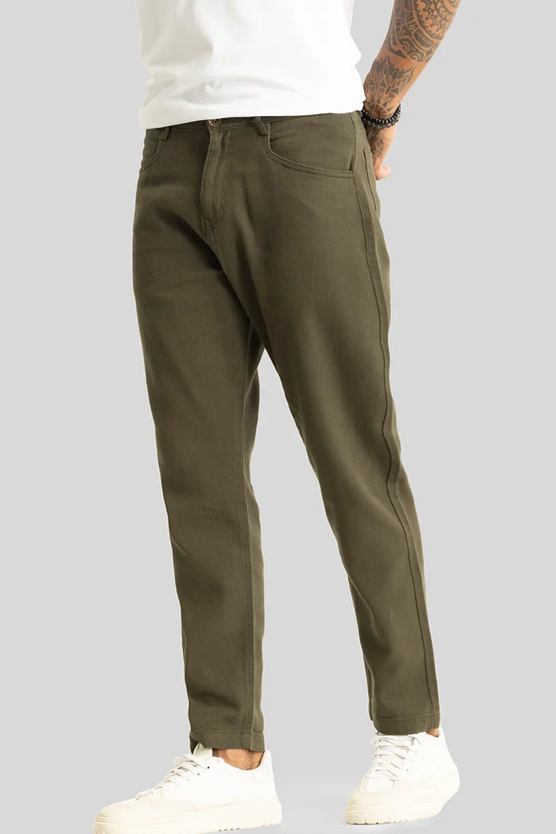 Men's Olive Casual Regular Fit Solid Chinos