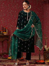 Women's Ethnic Velvet Green Straight Kurta Set with Dupatta