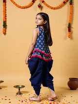 Girls Blue Cotton Festive Printed Kurta and Dhoti Set with Sling