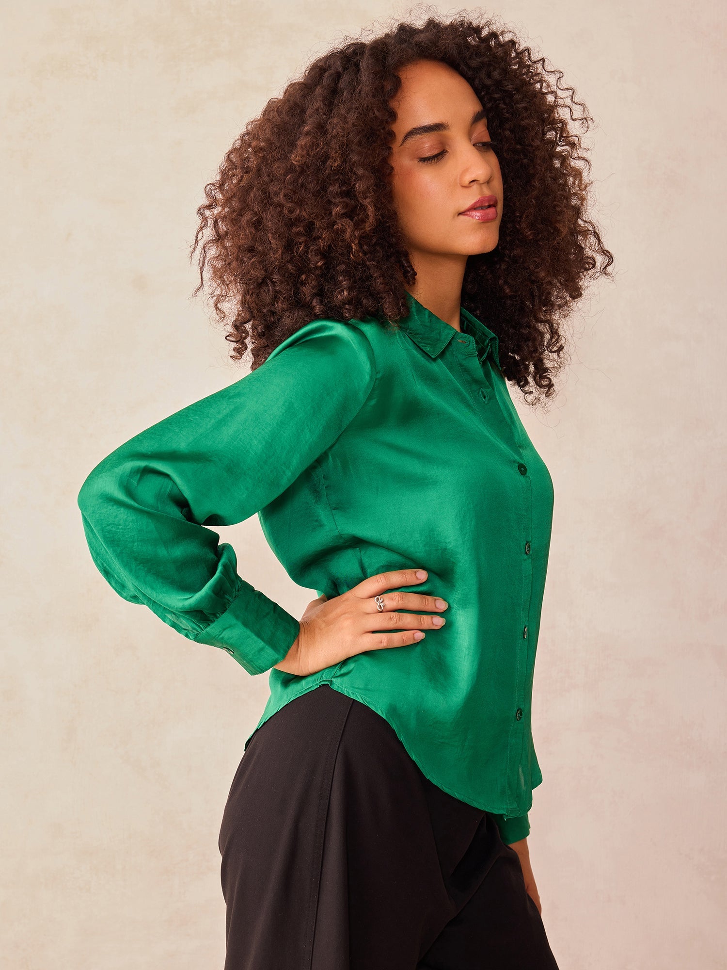 Women's Green Relaxed Fit Satin Shirt