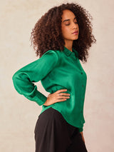 Women's Green Relaxed Fit Satin Shirt