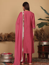 Women's Mauve Silk Thread Embroidered Kurta Set With Dupatta