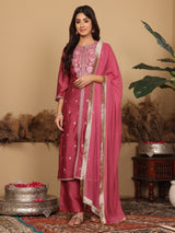 Women's Mauve Silk Thread Embroidered Kurta Set With Dupatta