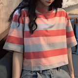 Women's Pink Casual Regular Fit Striped Tshirt