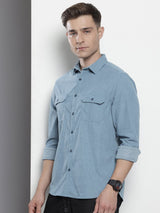 Men's Blue Casual Regular Fit Solid Full Sleeves Shirt