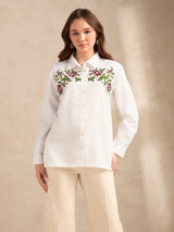 Women's Off White Casual Self-Design Full Sleeves Shirt