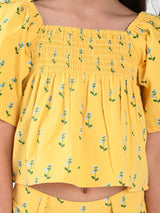Girls Yellow Casual Printed Regular Fit Half Sleeves Clothing Set