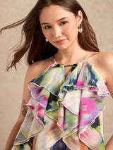 Women's Multicolor Halter Neck Ruffles Flared Printed Top