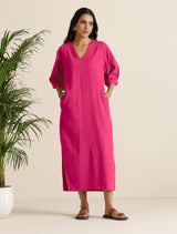 Women's Hot Pink Cotton Blend Long Dress