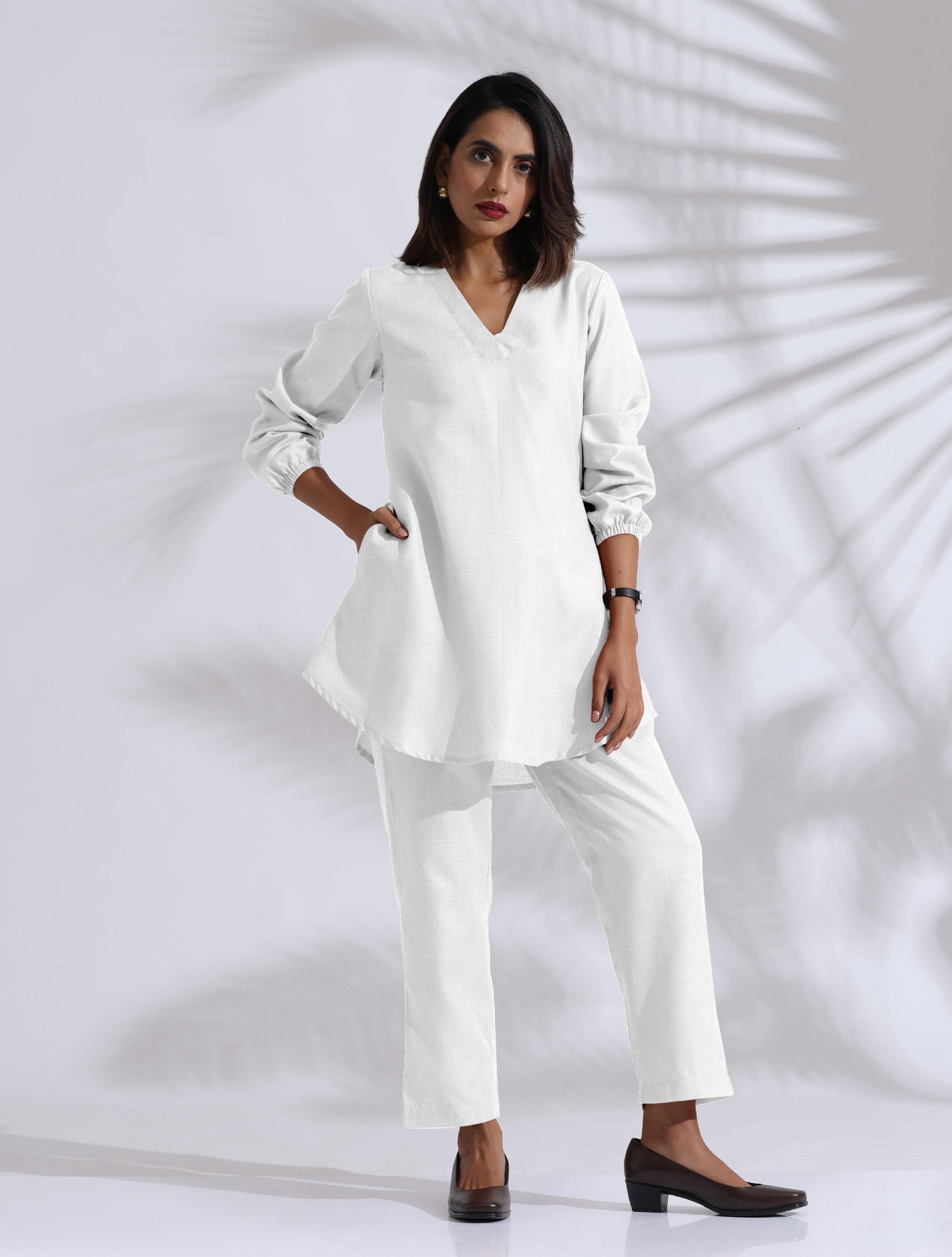 Women's White Cotton Blend Co-ord Set