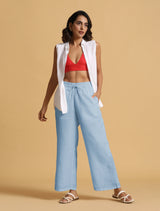 Women's Blue Cotton Blend Straight Drawstring Pants