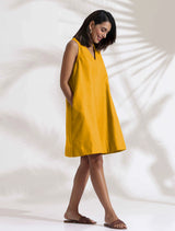 Women's Yellow Cotton Blend Short Dress