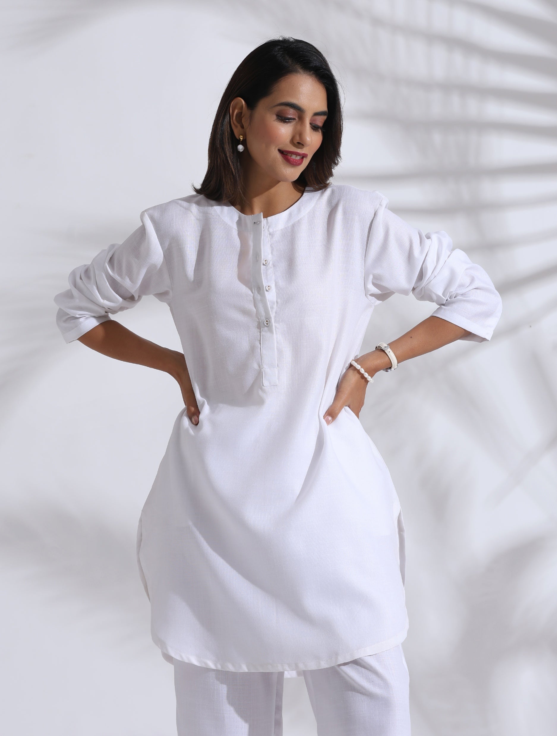 Women's White Slub Kurta Co-ord Set