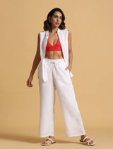 Women's White Cotton Blend Elasticated Drawstring Straight Pants
