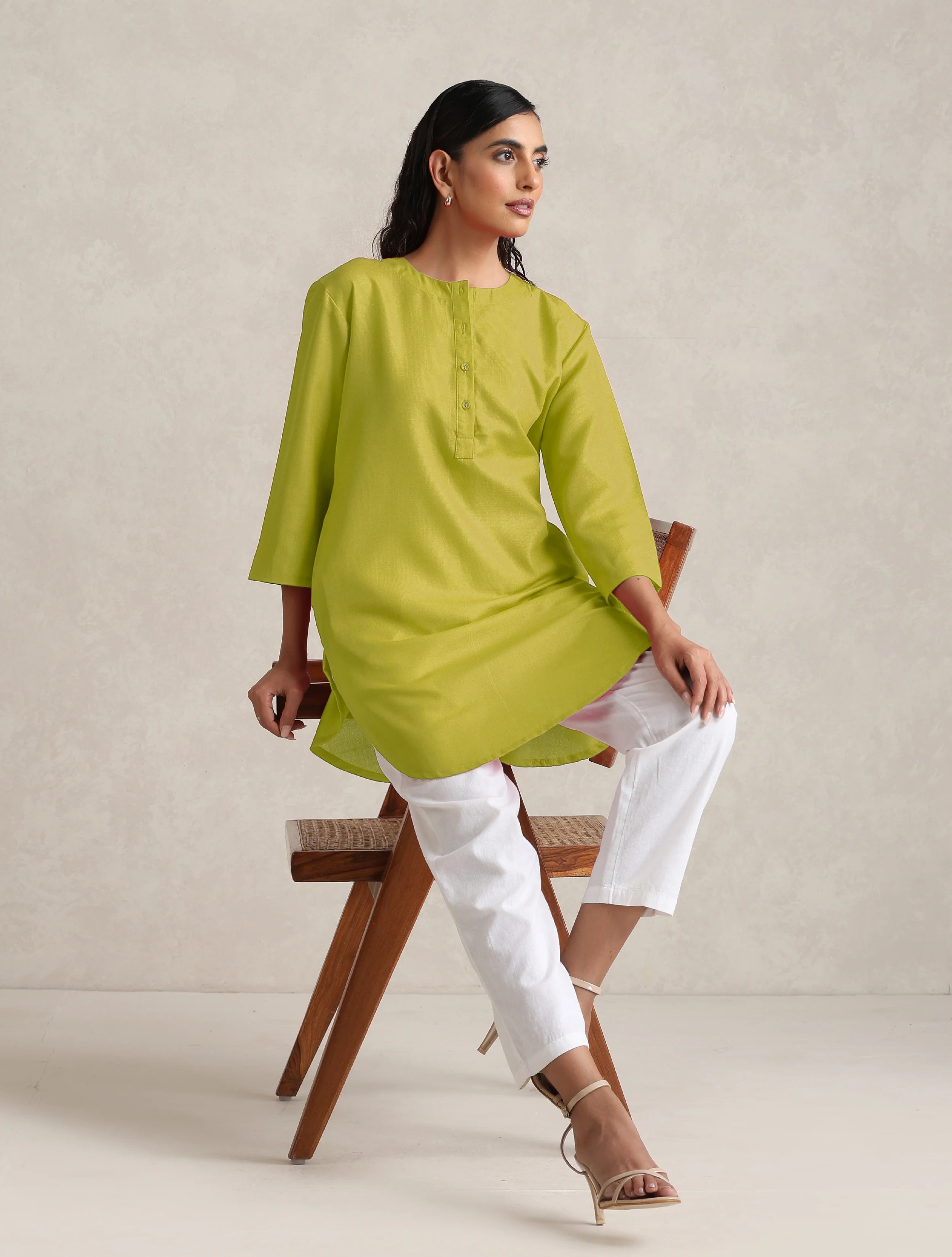 Women's Yellow Cotton Blend Short Kurta