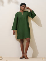 Women's Green Cotton Blend Short Dress