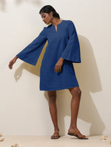 Women's Blue Cotton Blend Short Dress